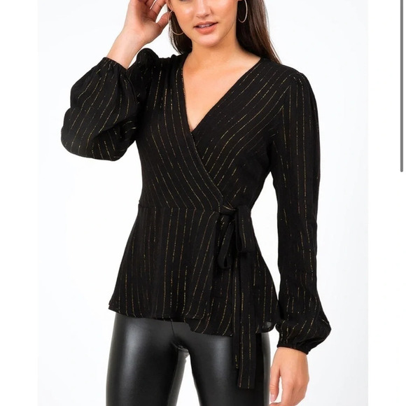 Francesca’s Karlena Stripe Faux Wrap Blouse - Picture 1 of 9
